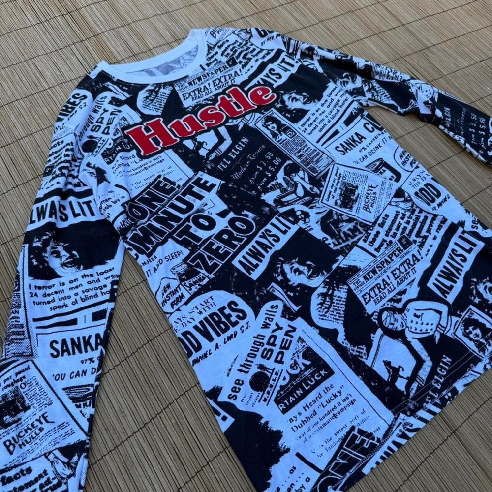 Hustle Long Sleeve Graphic T Shirt Newspaper Print Streetwear Mens Large Launder